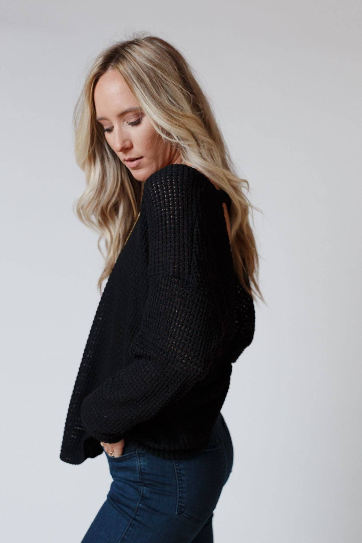 Flattering Open Back Fall Thermal Knit Top - Black