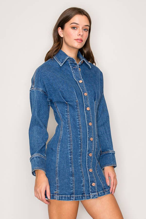 LONG SLEEVE BUTTON DOWN DENIM SHORT DRESS