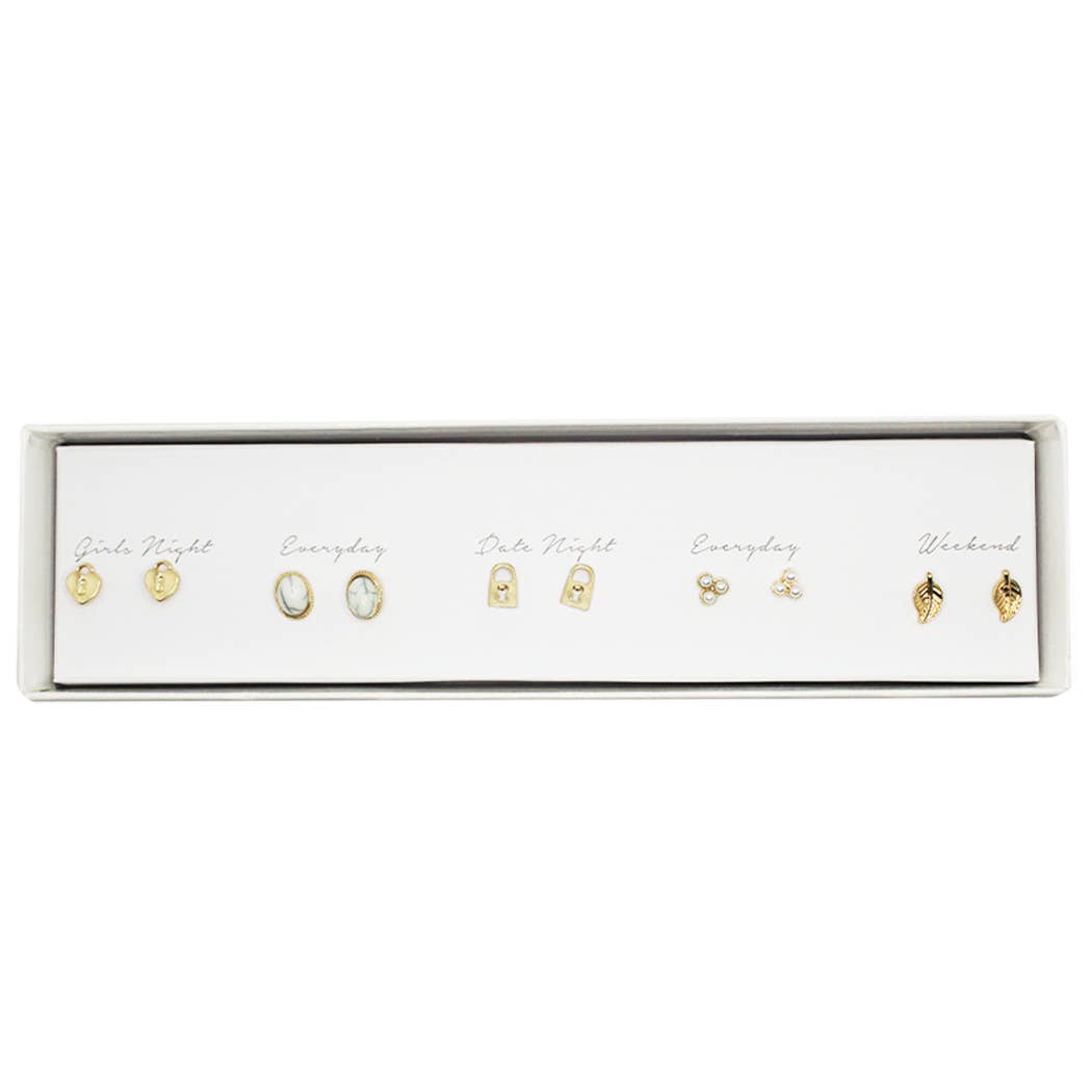 5 Pairs Multi-Designed Stud Earrings Set Gift Box