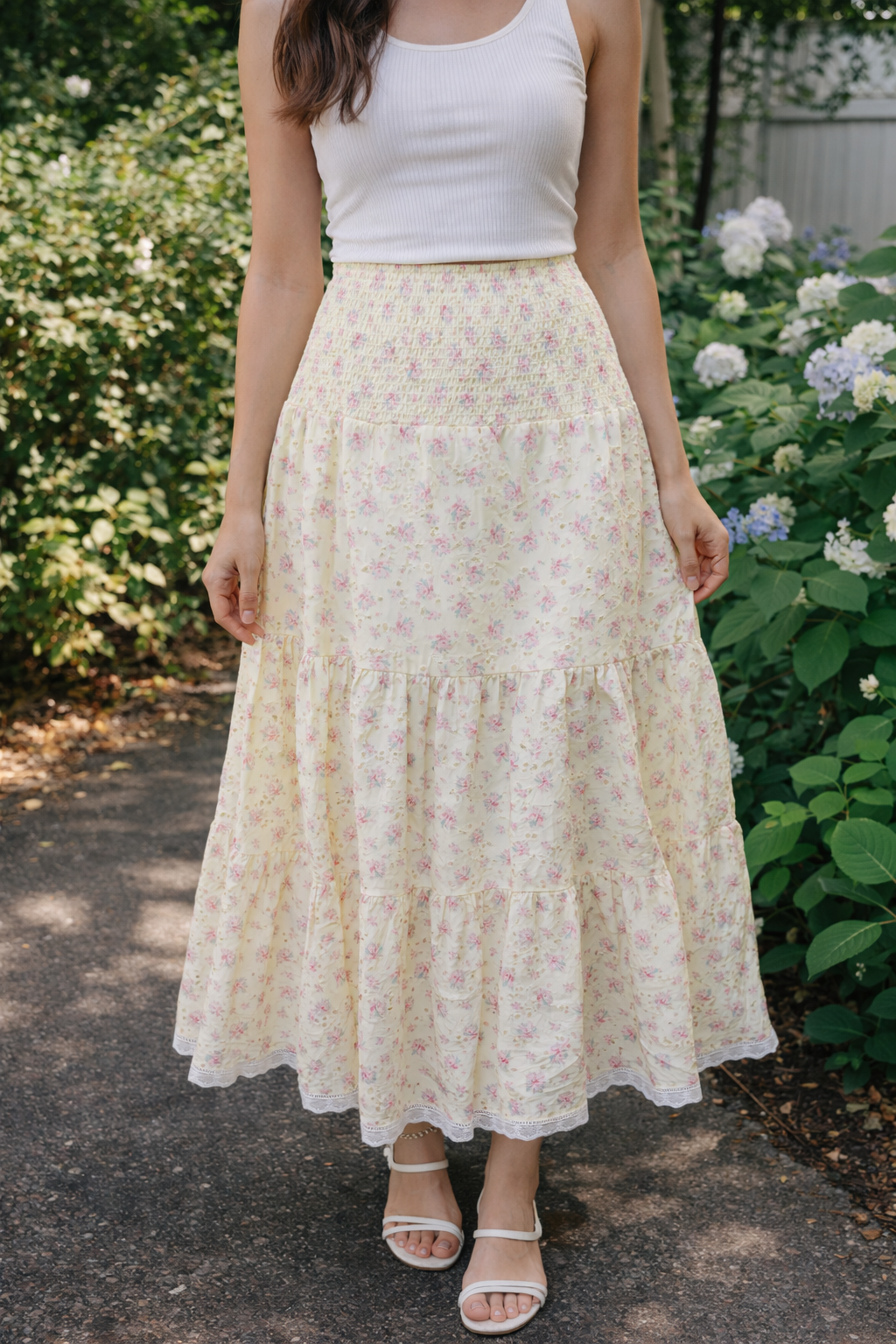 Peach Love Eyelet Lace Flower Print Skirt