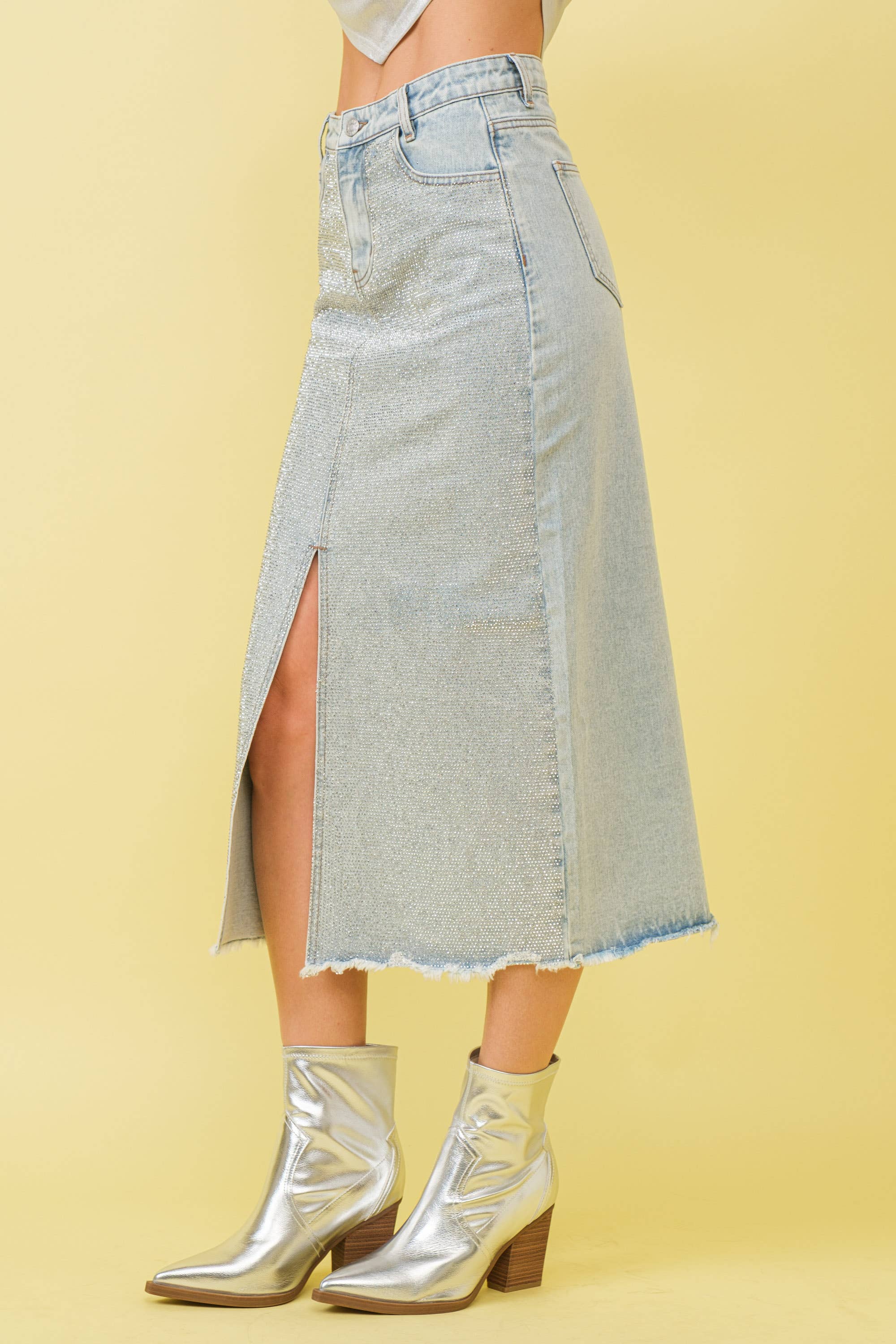 Sparkle Studded Slit Center Midi Skirt