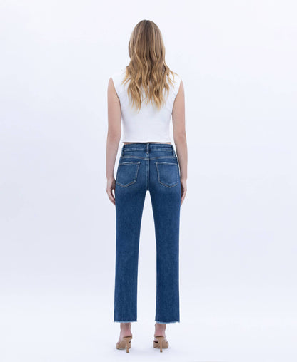 High Rise Raw Slant Hem Slim Straight Jeans