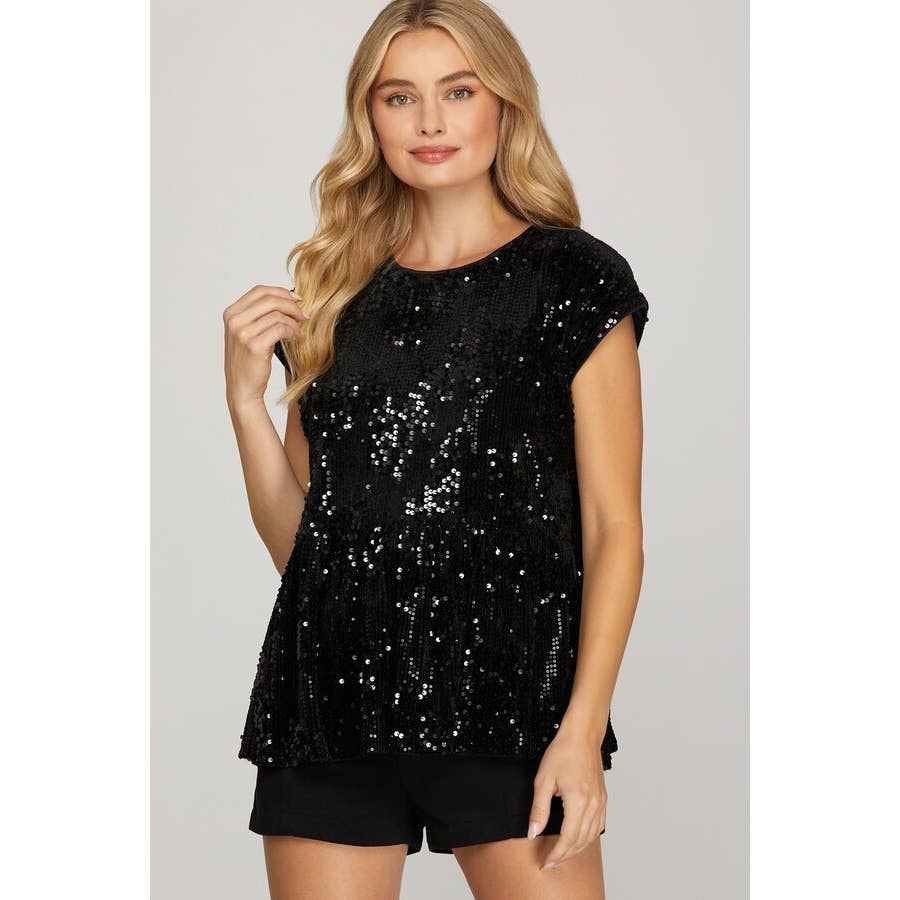 Drop Shoulder Sequins Top w_Contrast Back Bow Tie
