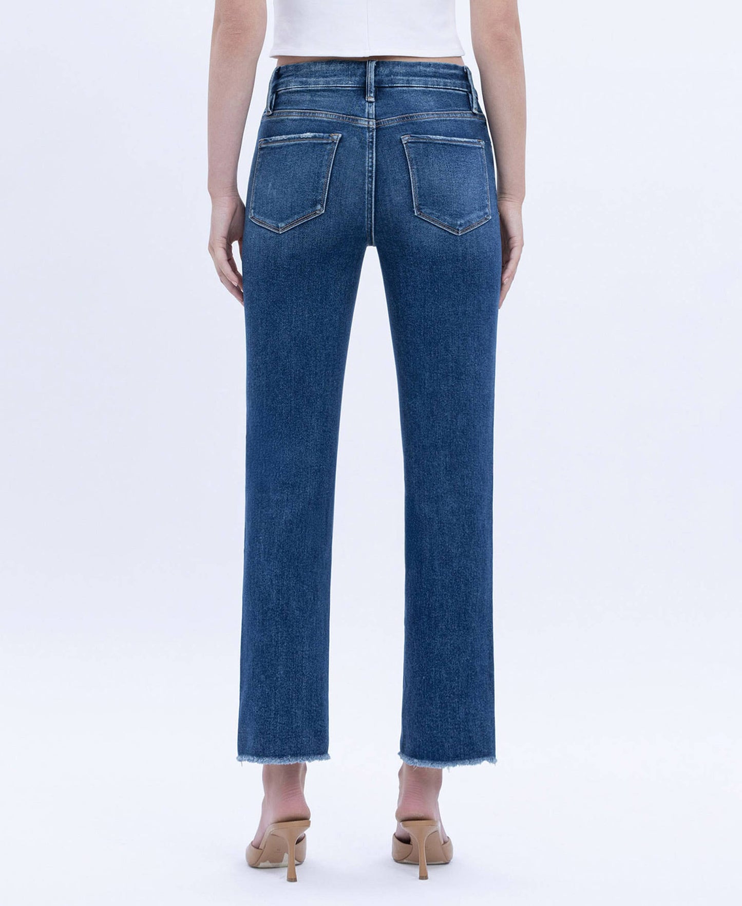High Rise Raw Slant Hem Slim Straight Jeans