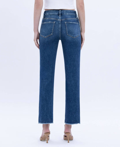 High Rise Raw Slant Hem Slim Straight Jeans