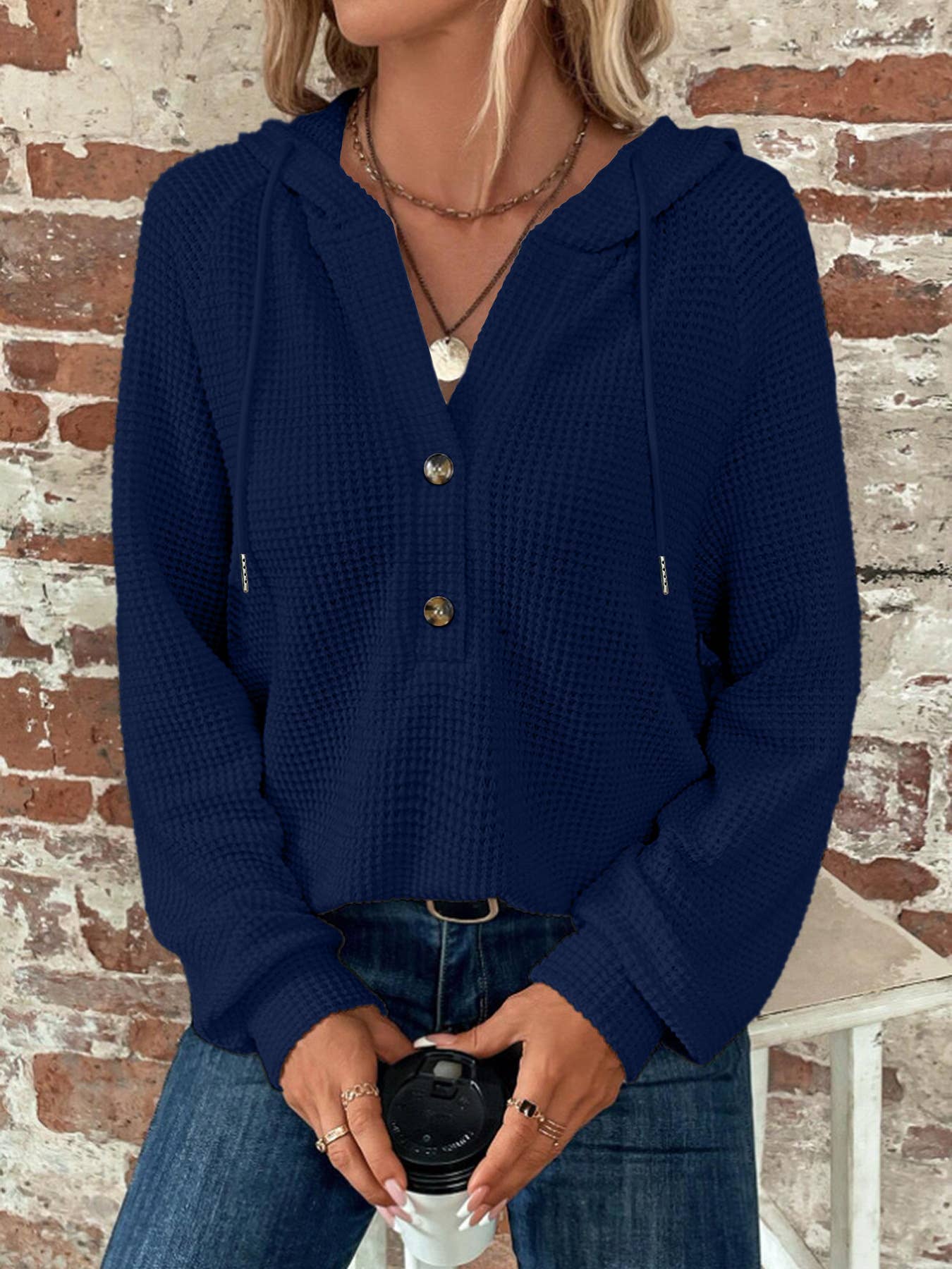 Button-Front Hooded Sweatshirt