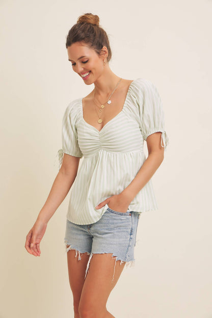 MADE FOR SUNSHINE, TEXTURED STRIPE BABYDOLL TOP WITH BOWS