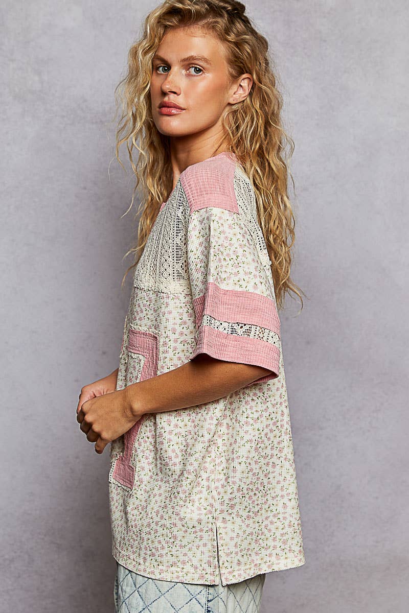 Round neck short sleeve floral print knit top