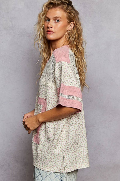 Round neck short sleeve floral print knit top