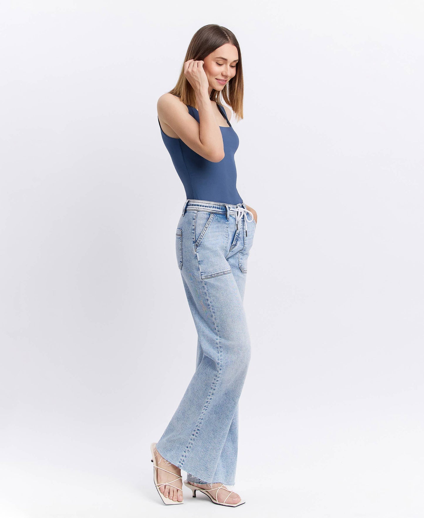 Flying Monkey- High Rise Drawstring Waistband Wide Leg Jeans