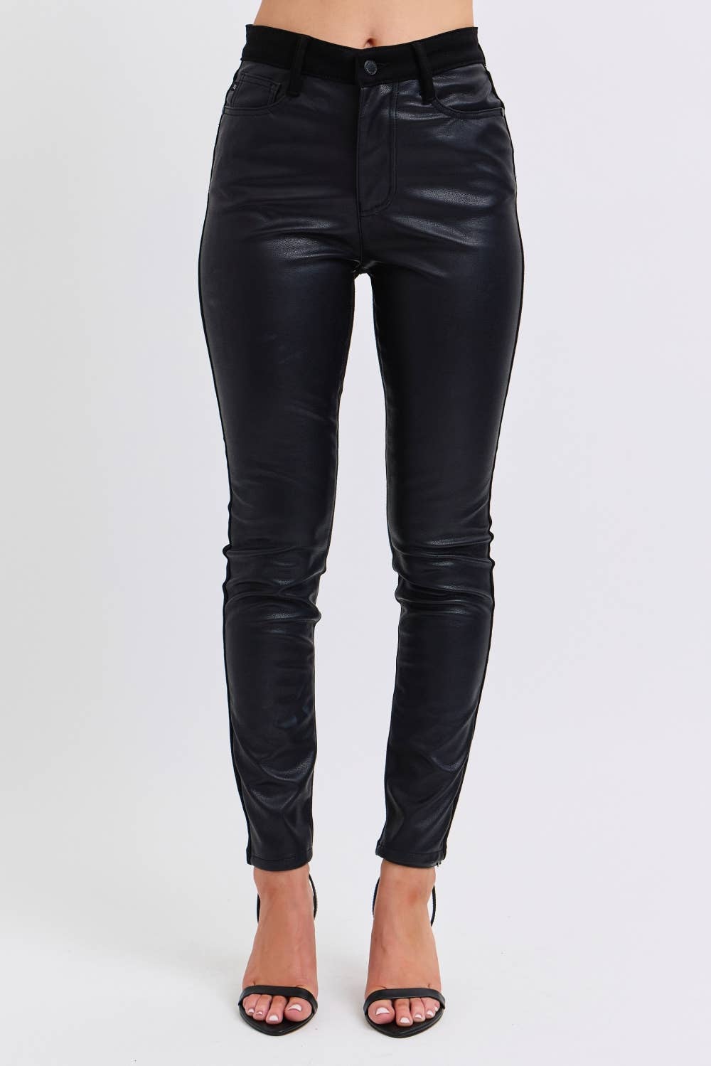 High Waisted Faux Leather & Denim Skinny