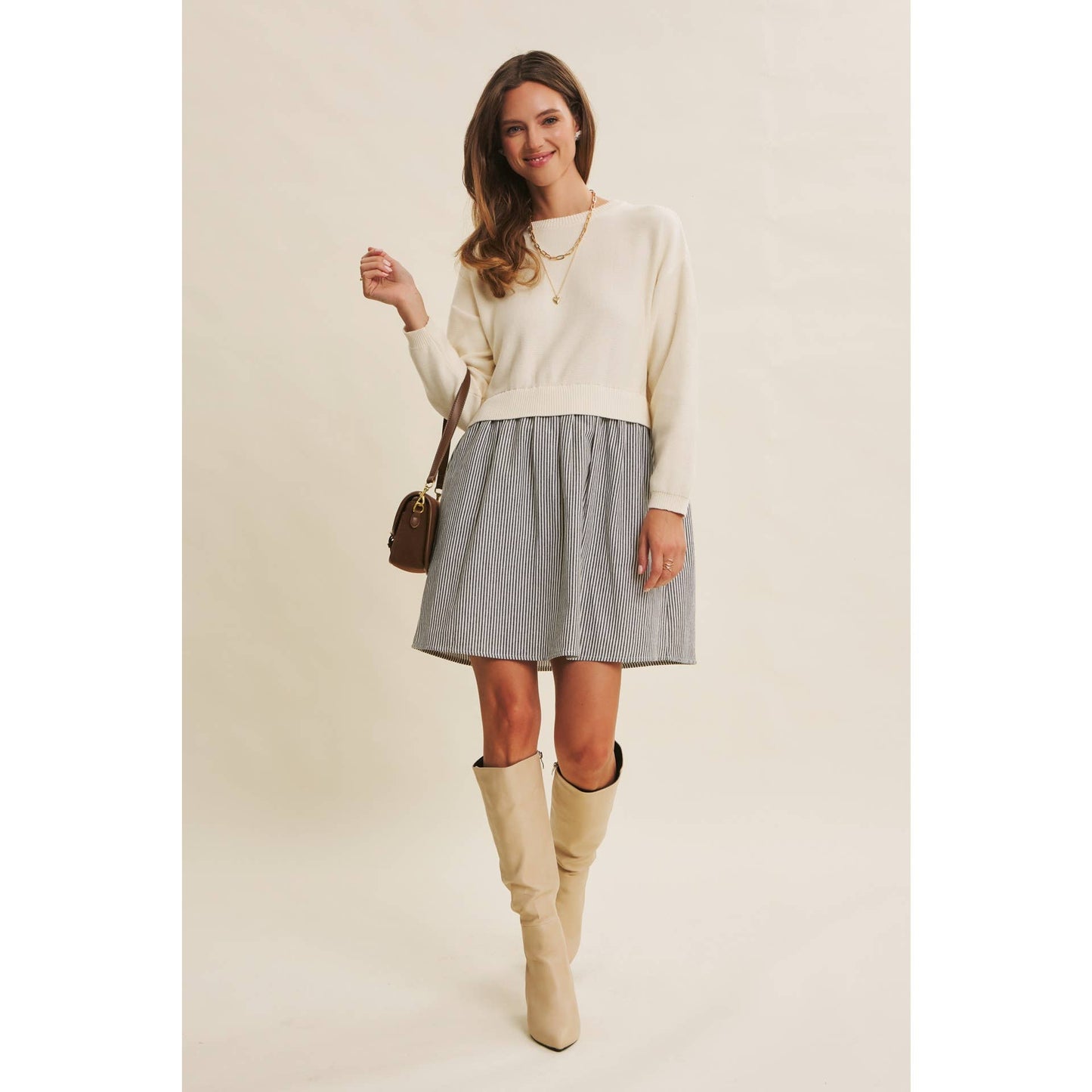 EASY COFFEE DATE BACK RIBBON MINI SWEATER DRESS