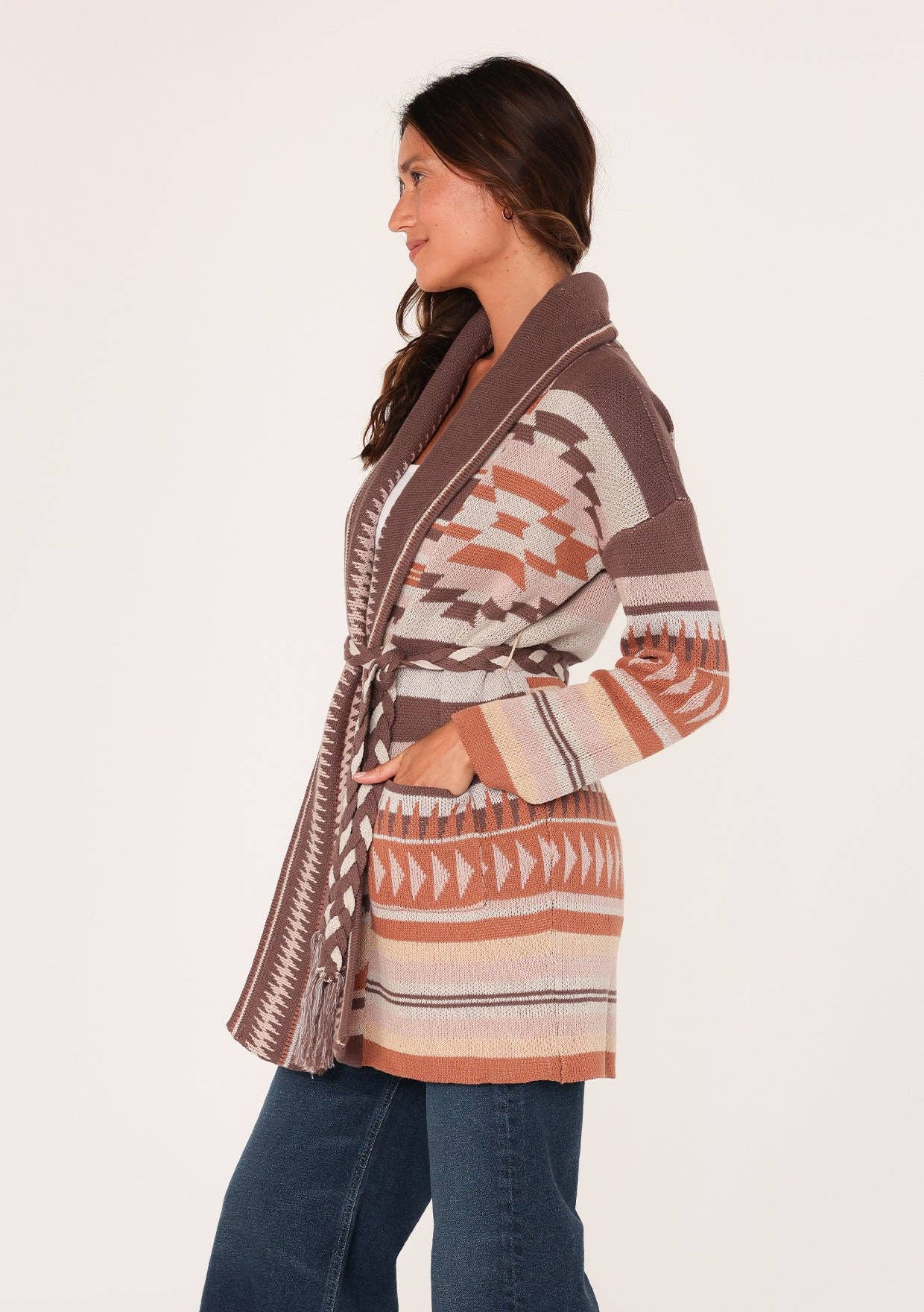 Aztec Sweater Cardigan With Braided Belt