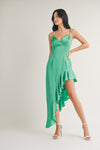Klesis Asymmetrical Ruffled Satin Maxi Dress