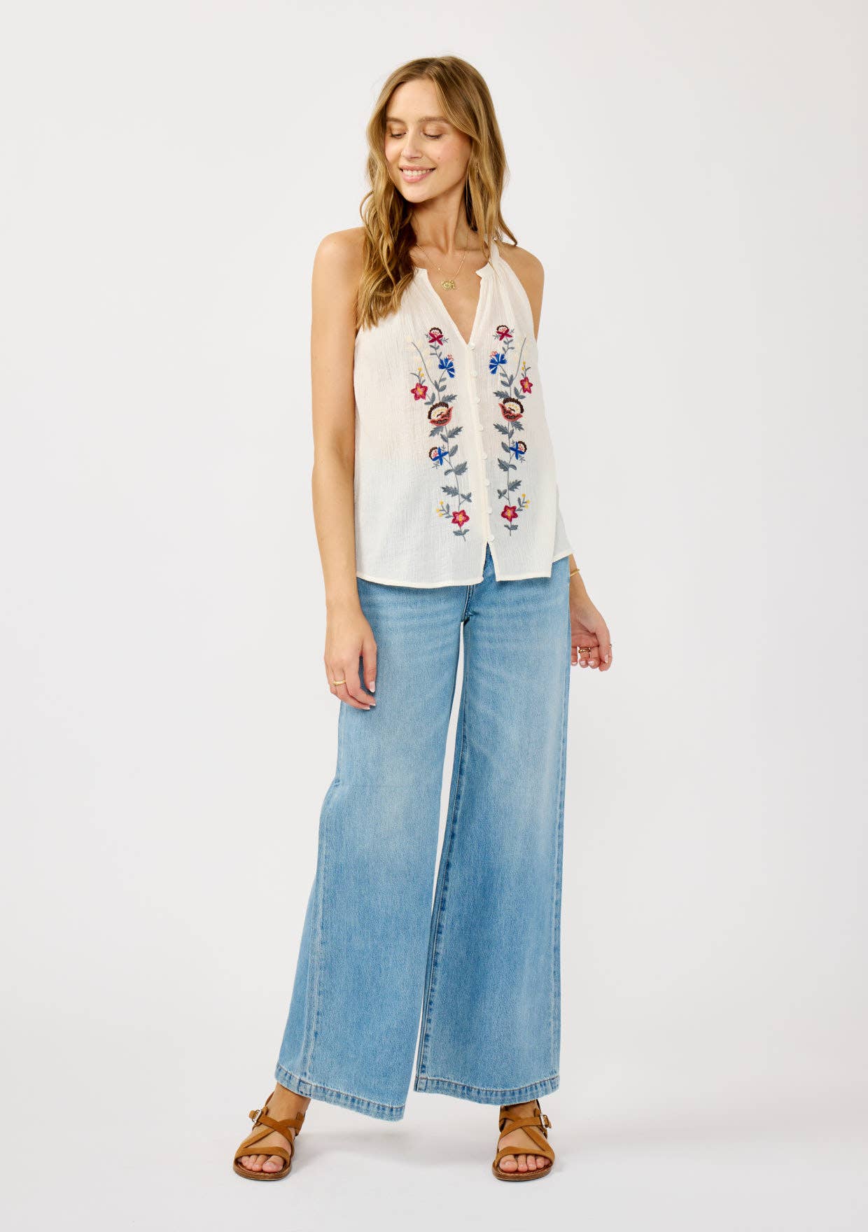 Embroidered Halter Neck Button-Down Tank