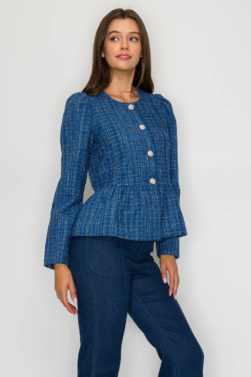 Classic Boucle Peplum Jacket in Denim Blue - LWJ1172