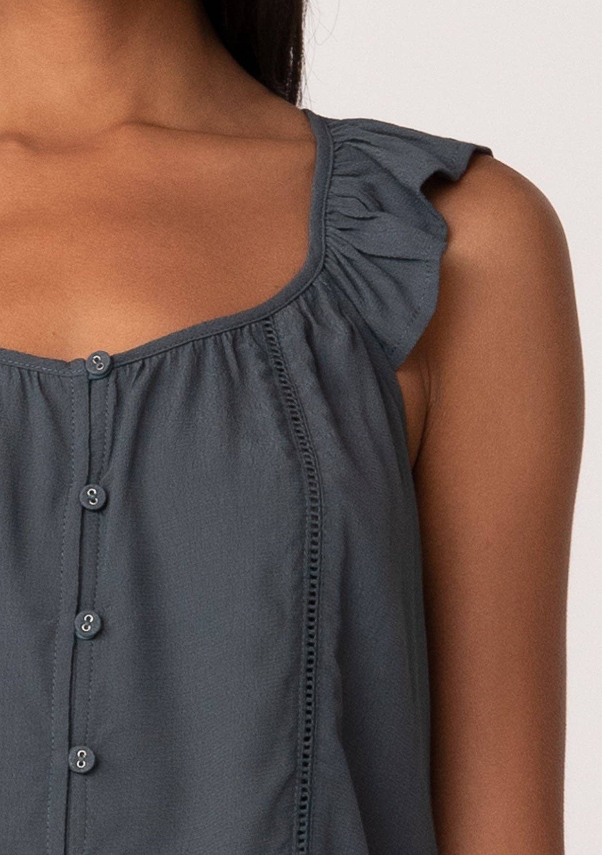 Ruffle Strap Button Down Tank