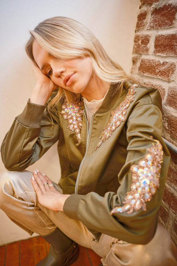 22872J - Jeweled Embellished Bomber Jacket