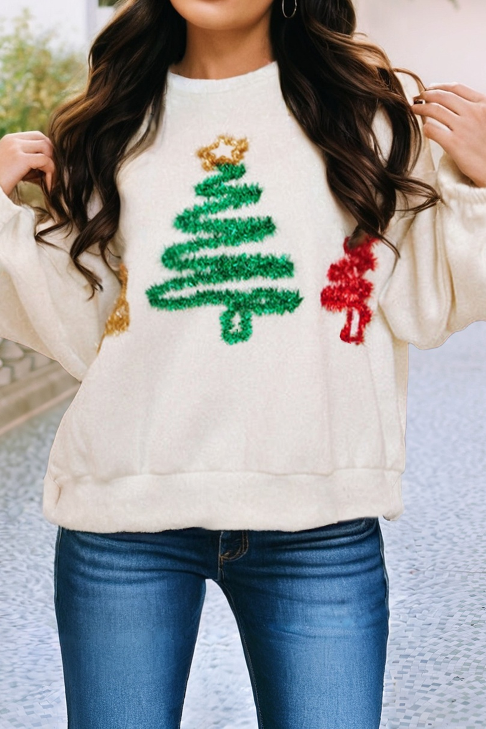 Tinsel Christmas Tree Pattern Casual Sweatshirt