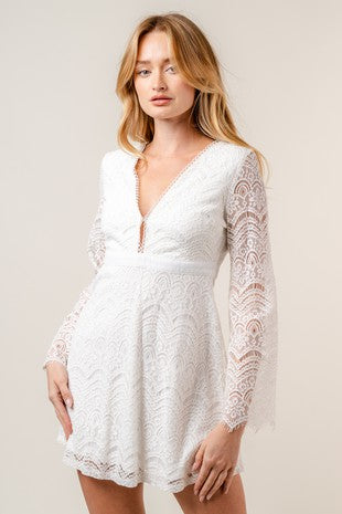 Open Back Lace Bell Sleeve Deep Vneck Mini Dress