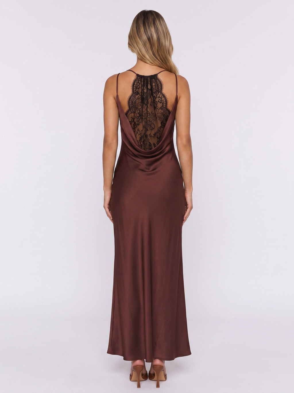 Chocolate Lace Back Satin Gown