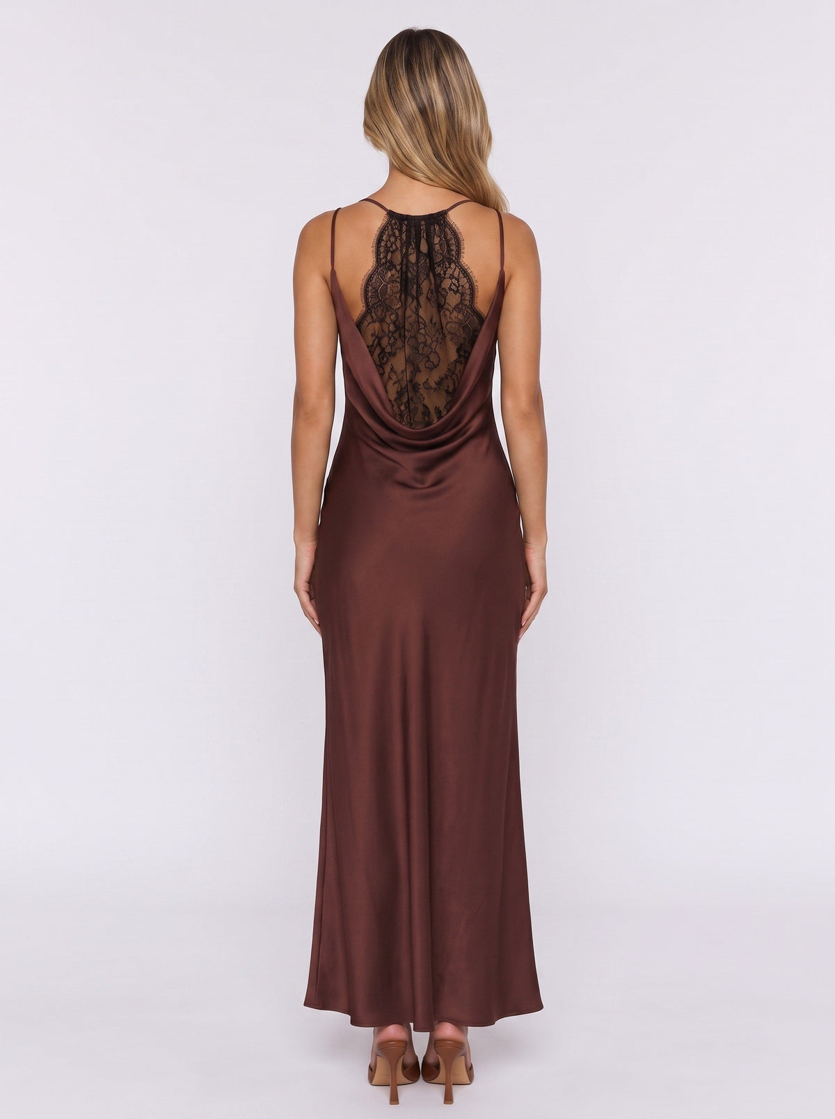 Chocolate Lace Back Satin Gown