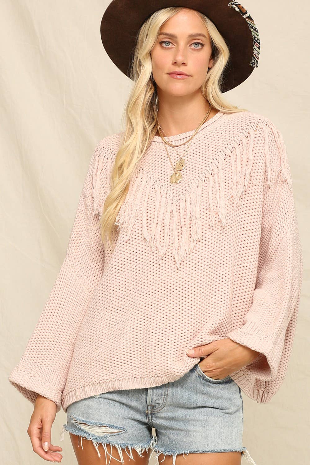 Oversized soft Knit Pullover Sweater with fringe
