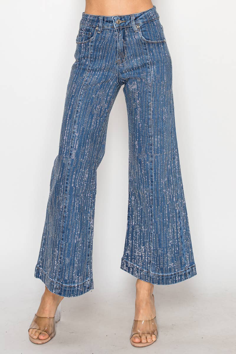 NR2322 - Stone embellished 5 pocket blue denim wide leg jean