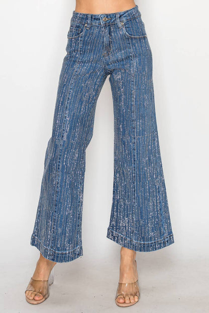 NR2322 - Stone embellished 5 pocket blue denim wide leg jean
