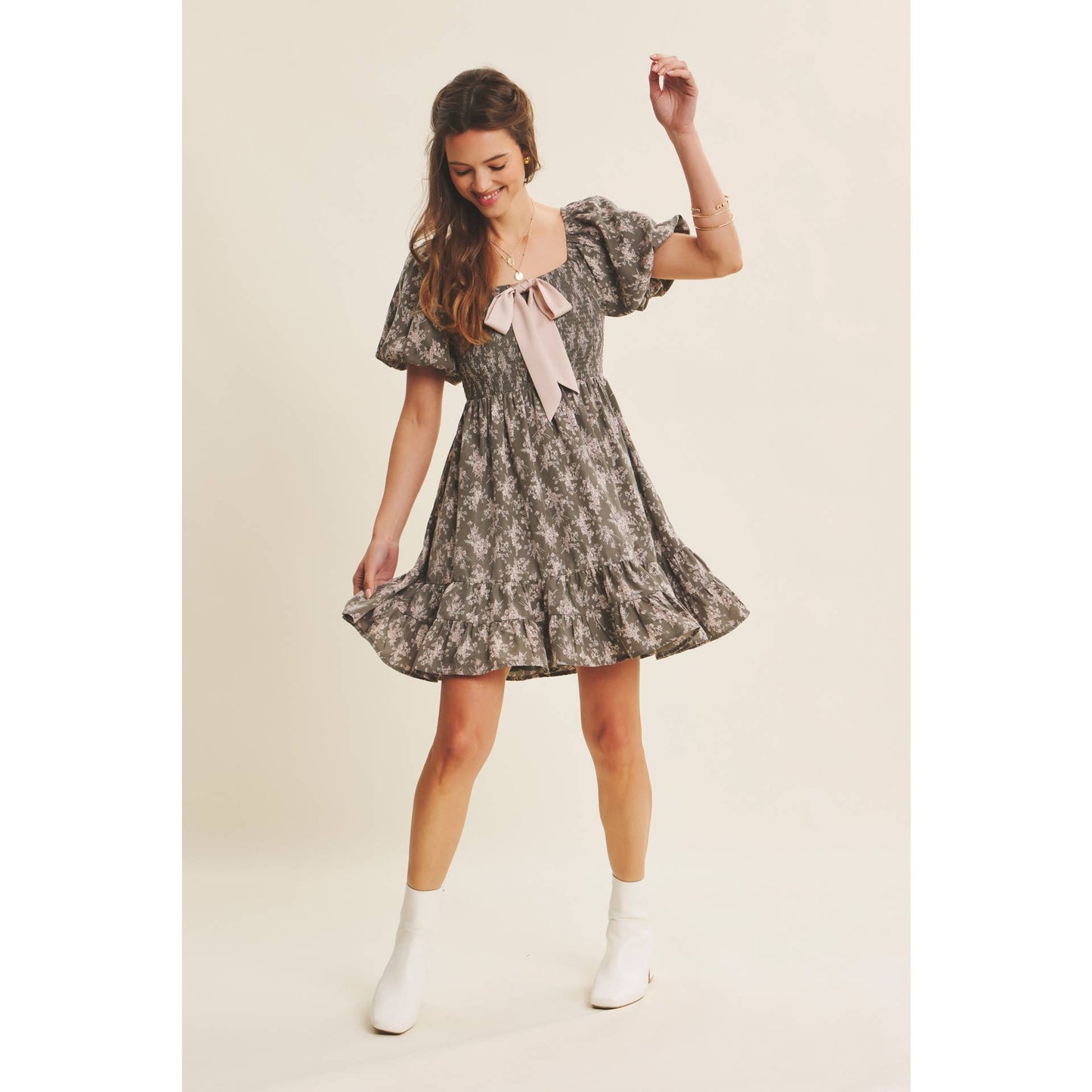 Floral Smocked Mini Dress With Bow