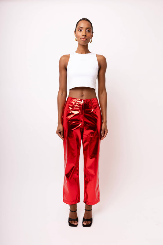 Lupe Straight Faux Leather Metallic Pants