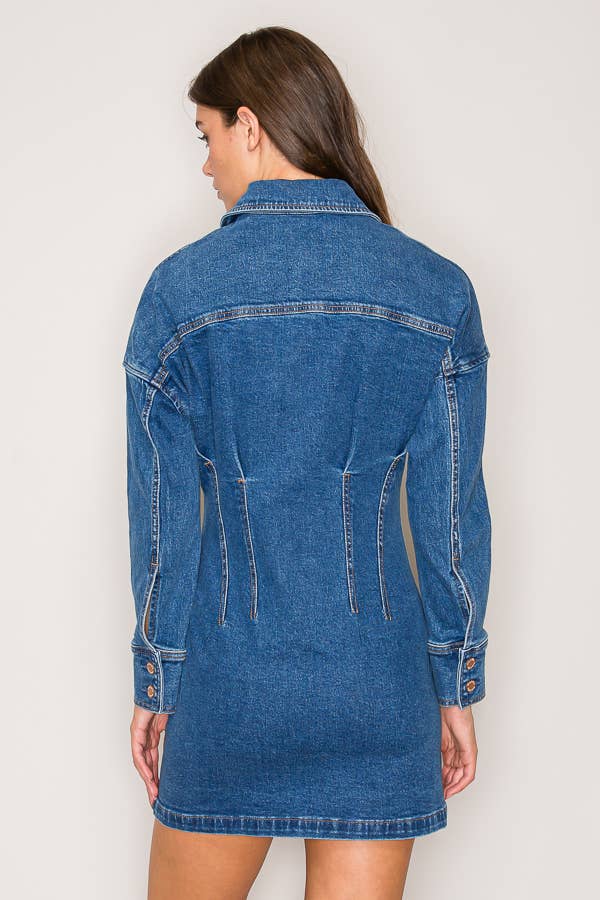 LONG SLEEVE BUTTON DOWN DENIM SHORT DRESS