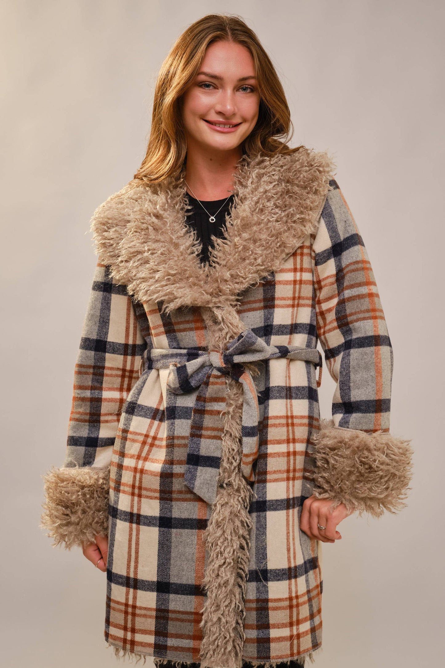 Plaid Fur Belted Coat