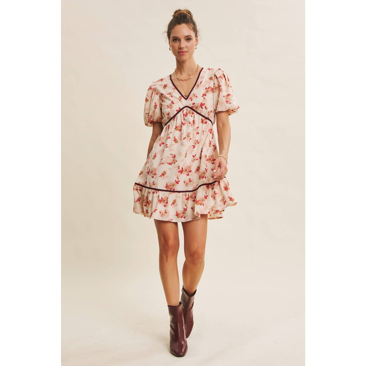 DARLING BUBBLE SLEEVED MINI DRESS WITH CONTRAST BOW