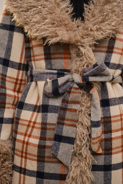 Plaid Fur Belted Coat