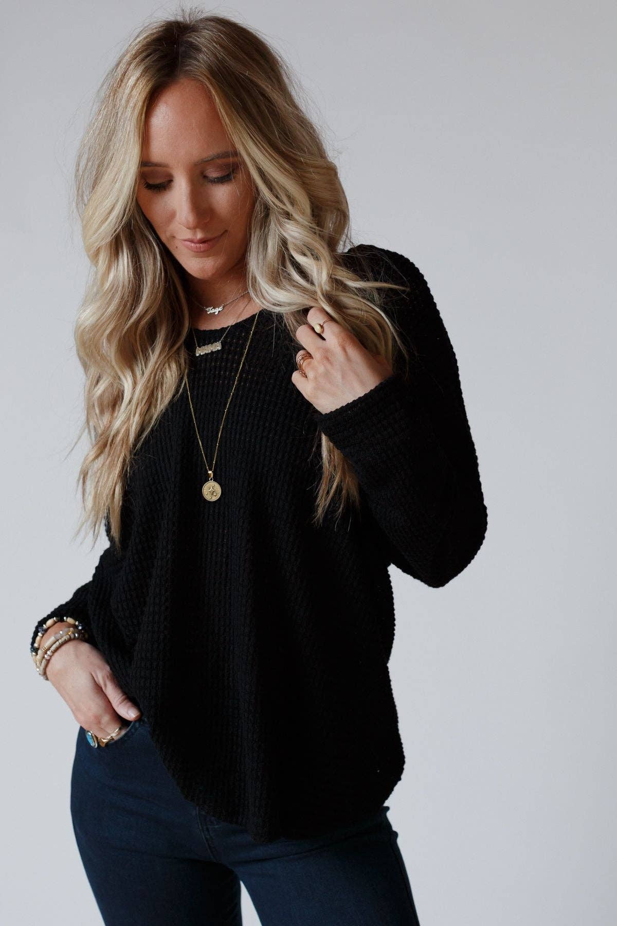 Flattering Open Back Fall Thermal Knit Top - Black