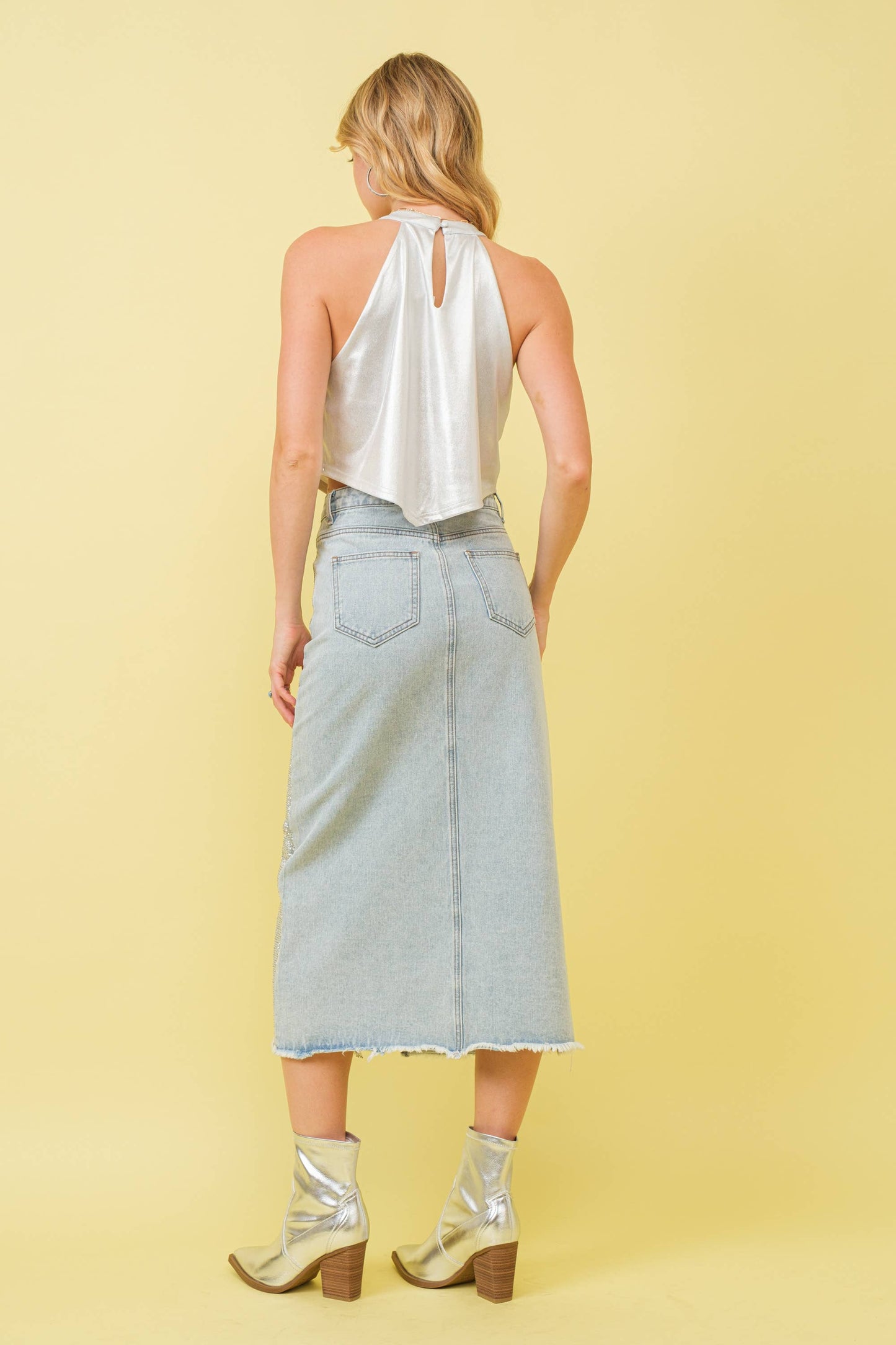 Sparkle Studded Slit Center Midi Skirt