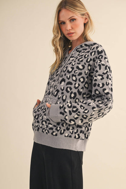 IT4423 LEOPARD FRONT POCKET HOODIE SWEATER TOP