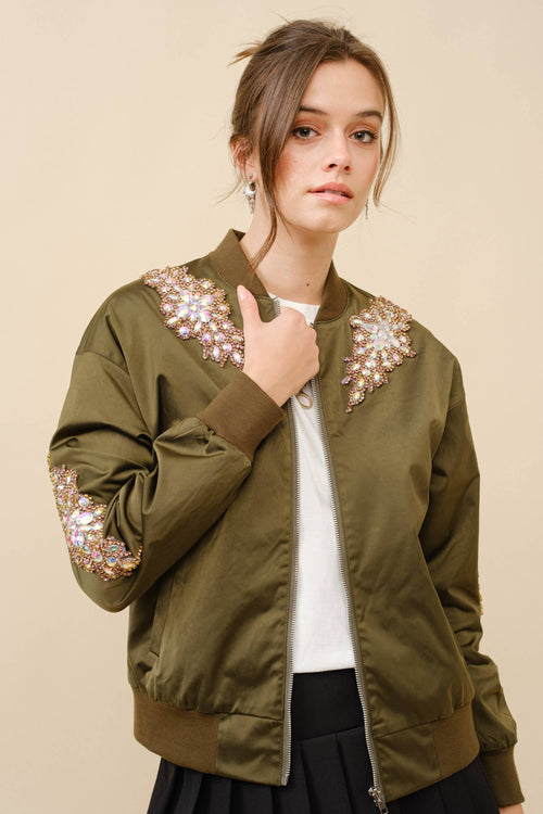 22872J - Jeweled Embellished Bomber Jacket