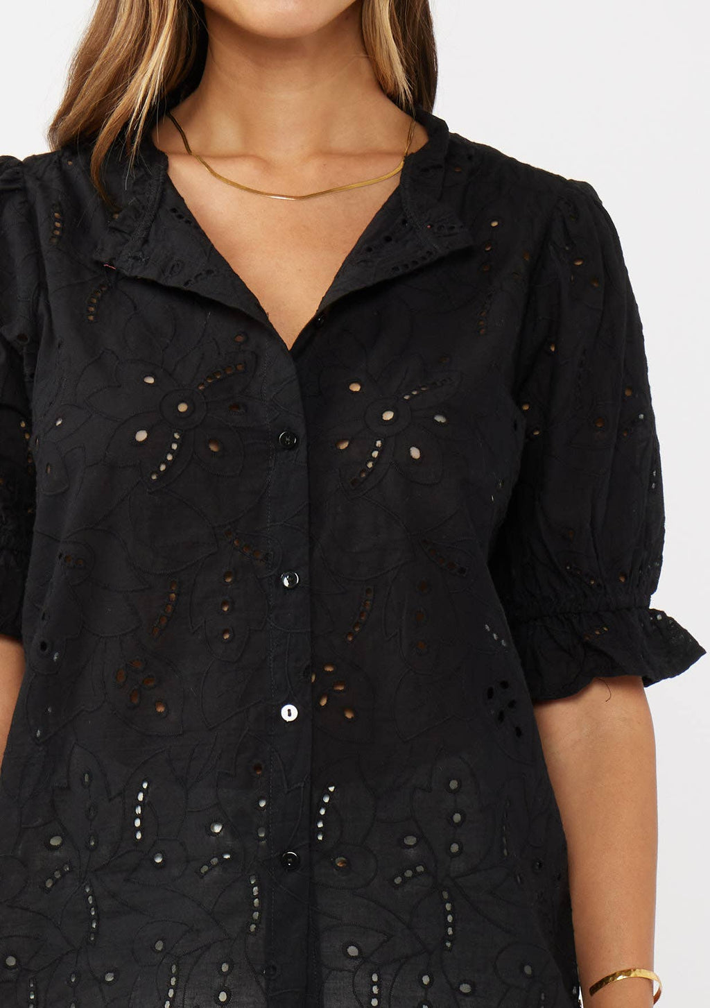 Black Eyelet Cotton Button Up Top