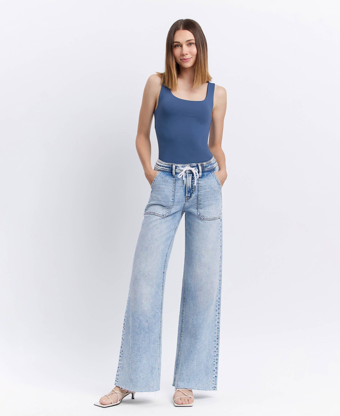 Flying Monkey- High Rise Drawstring Waistband Wide Leg Jeans