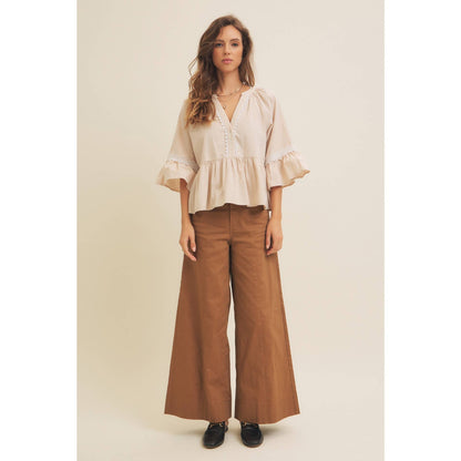 BABYDOLL PEPLUM TOP WITH FLOUNCE SLEEVES AND DELICATE TRIMS