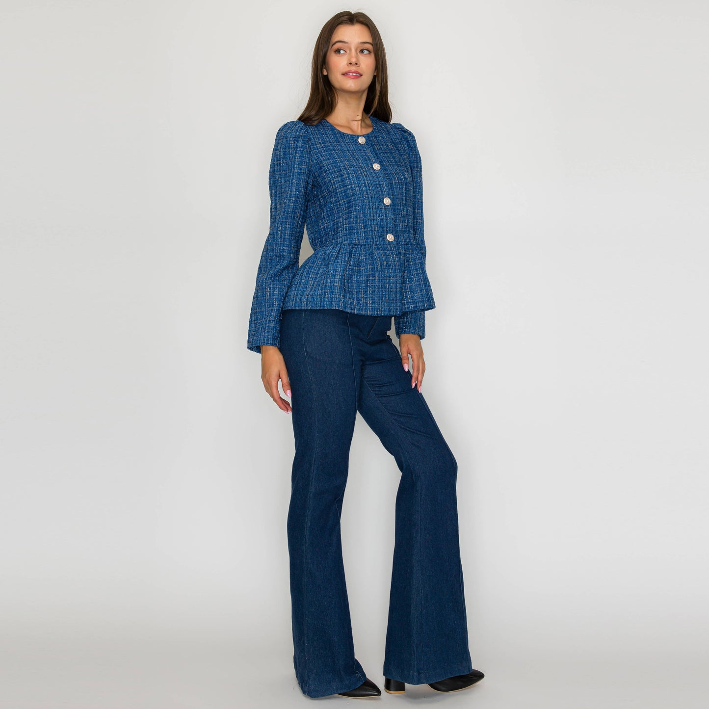 Classic Boucle Peplum Jacket in Denim Blue - LWJ1172
