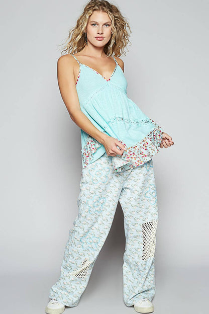 V-neck sleeveless floral print contrast tunic top SALE