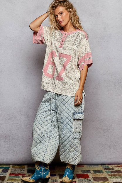 Round neck short sleeve floral print knit top