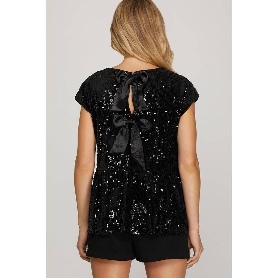 Drop Shoulder Sequins Top w_Contrast Back Bow Tie