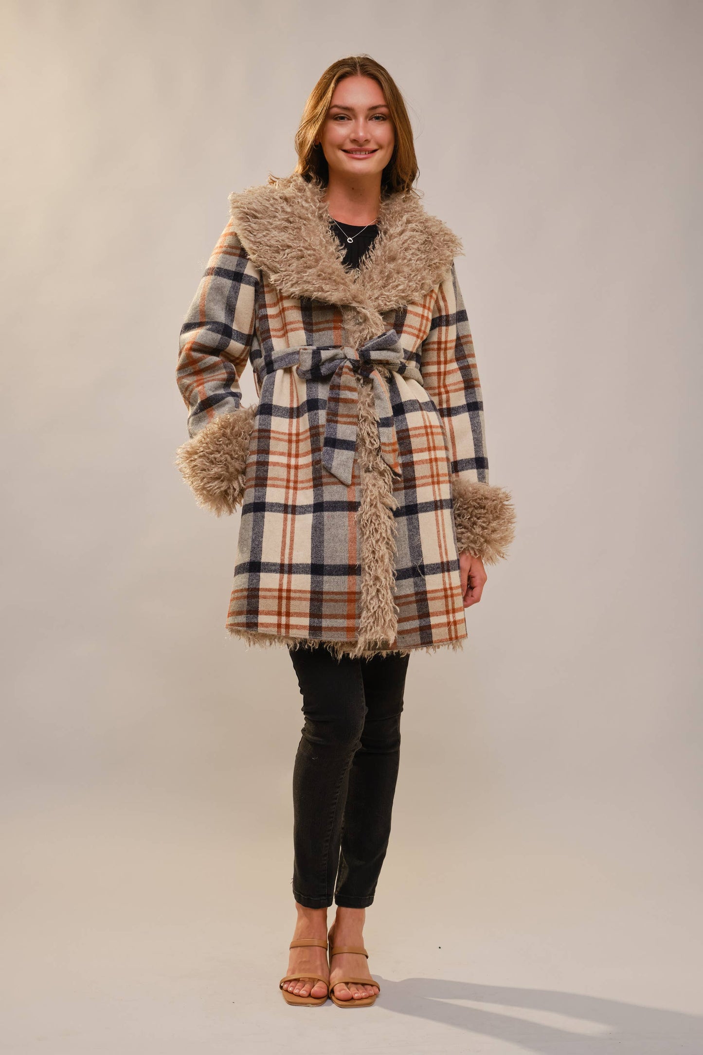 Plaid Fur Belted Coat