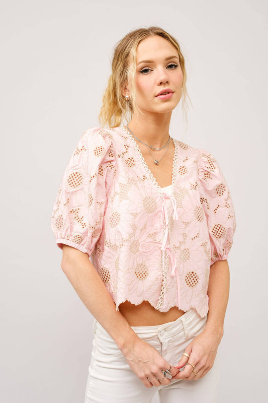 Metallic Embroidered Tie Front Scallop Hem Top