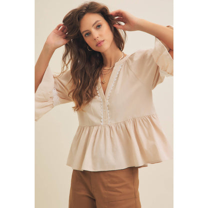 BABYDOLL PEPLUM TOP WITH FLOUNCE SLEEVES AND DELICATE TRIMS