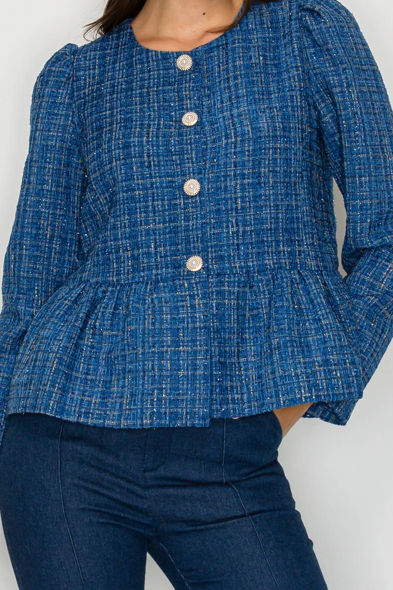 Classic Boucle Peplum Jacket in Denim Blue - LWJ1172